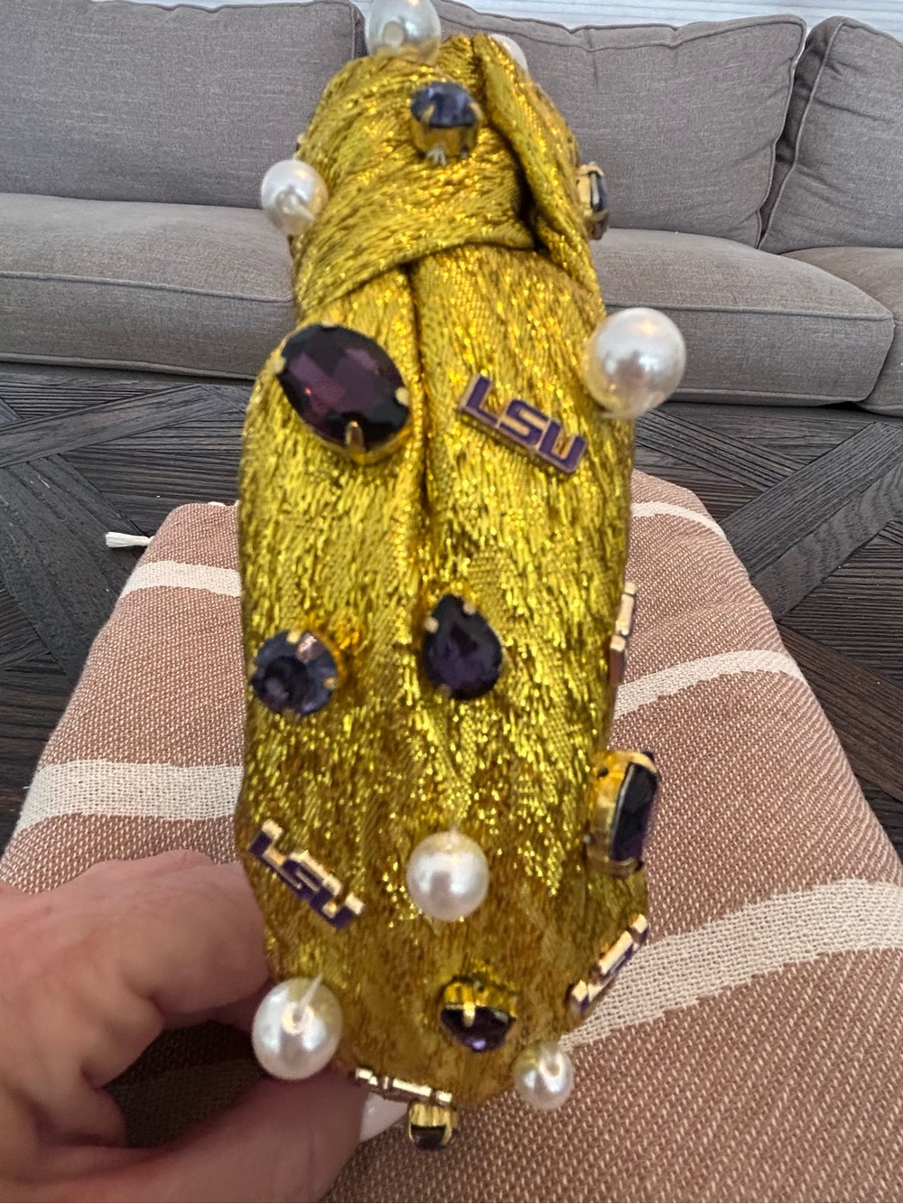Brianna Cannon LSU Embellished Gold Knotted Headband with Purple Gems and Pearls